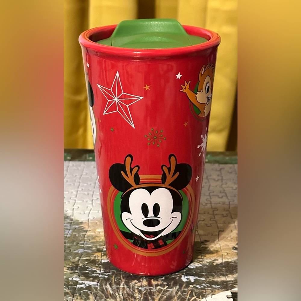 Disney Mickey Mouse & Friends Holiday Red Ceramic Travel Tumbler Mug w/Lid